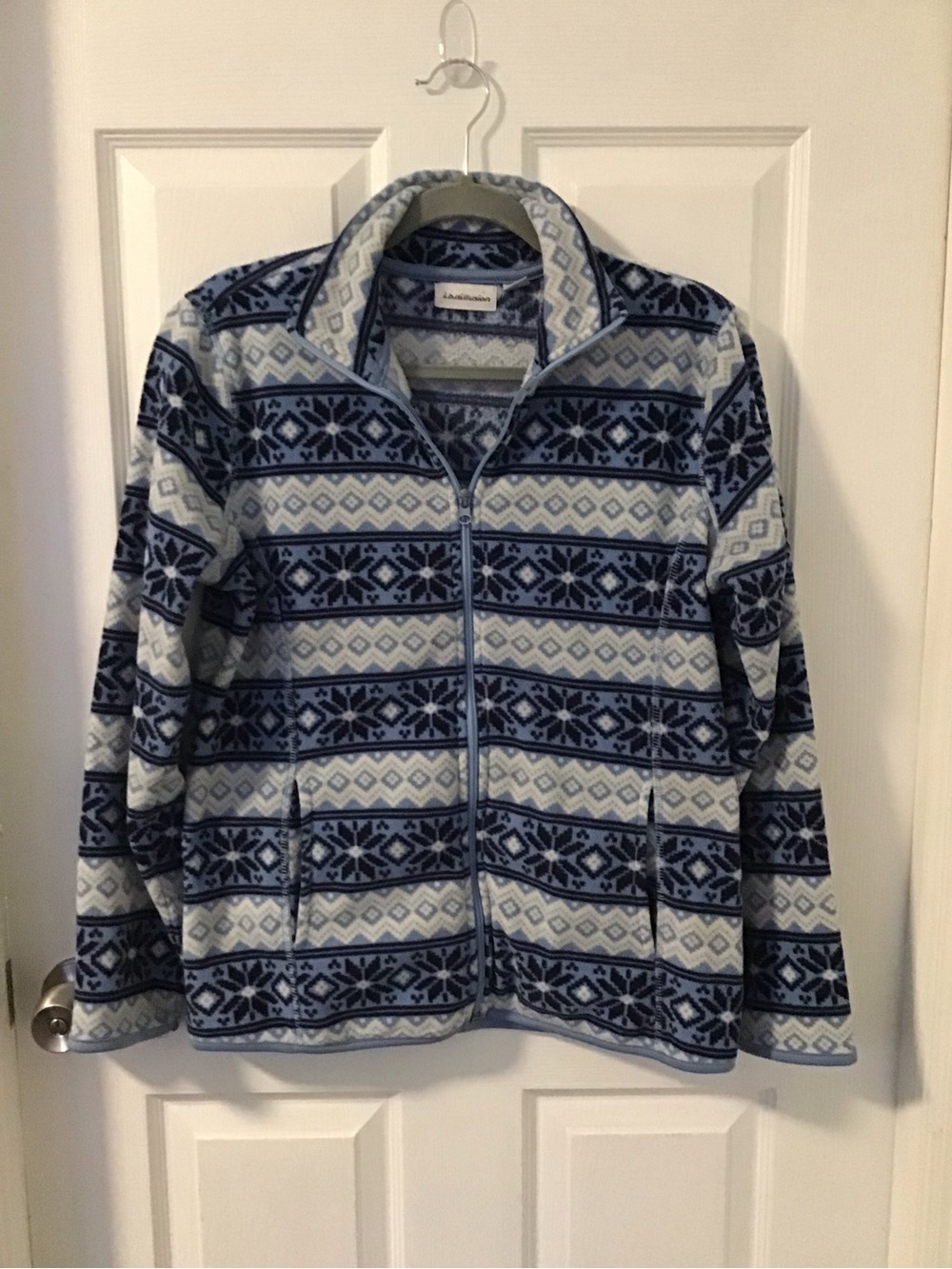 Lands' End Blue Patterned Teddy Fleece Jacket